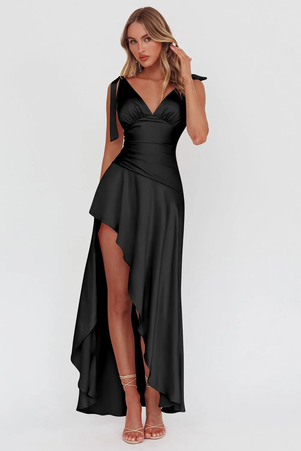 LAGSHIAN Women's Summer V Neck Sleeveless Bodycon Ruched Irregular Hem Cocktail Party Satin Flowy Maxi Dress