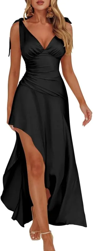 LAGSHIAN Women's Summer V Neck Sleeveless Bodycon Ruched Irregular Hem Cocktail Party Satin Flowy Maxi Dress