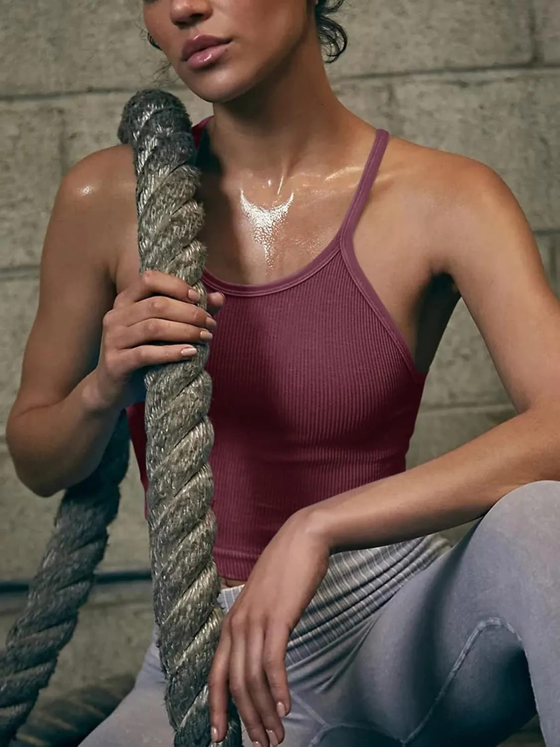 LASLULU Womens Sports Bra Seamless Long Crop Tank Racer Back Spaghetti Strap Workout Yoga Bra Padded Halter Neck Casual Tops
