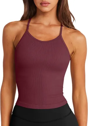 LASLULU Womens Sports Bra Seamless Long Crop Tank Racer Back Spaghetti Strap Workout Yoga Bra Padded Halter Neck Casual Tops