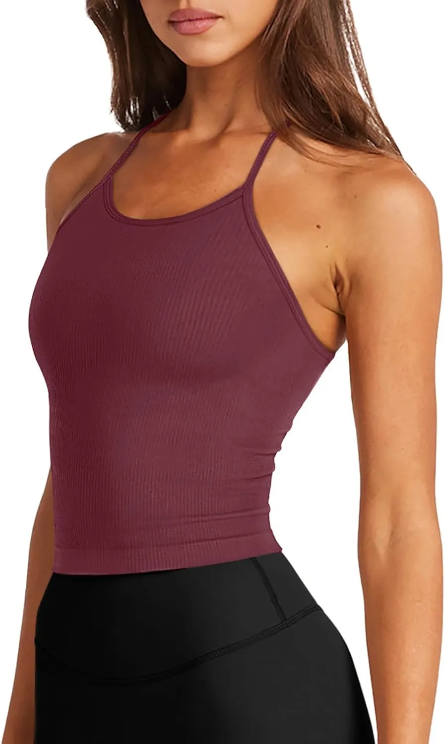 LASLULU Womens Sports Bra Seamless Long Crop Tank Racer Back Spaghetti Strap Workout Yoga Bra Padded Halter Neck Casual Tops