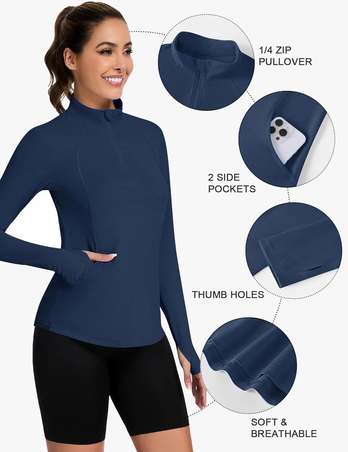 Loovoo Long Sleeve UPF50  Workout Tops Sun Protection 1/4 Zip Summer Quick Dry Hiking Shirts Lightweight Pullover Women