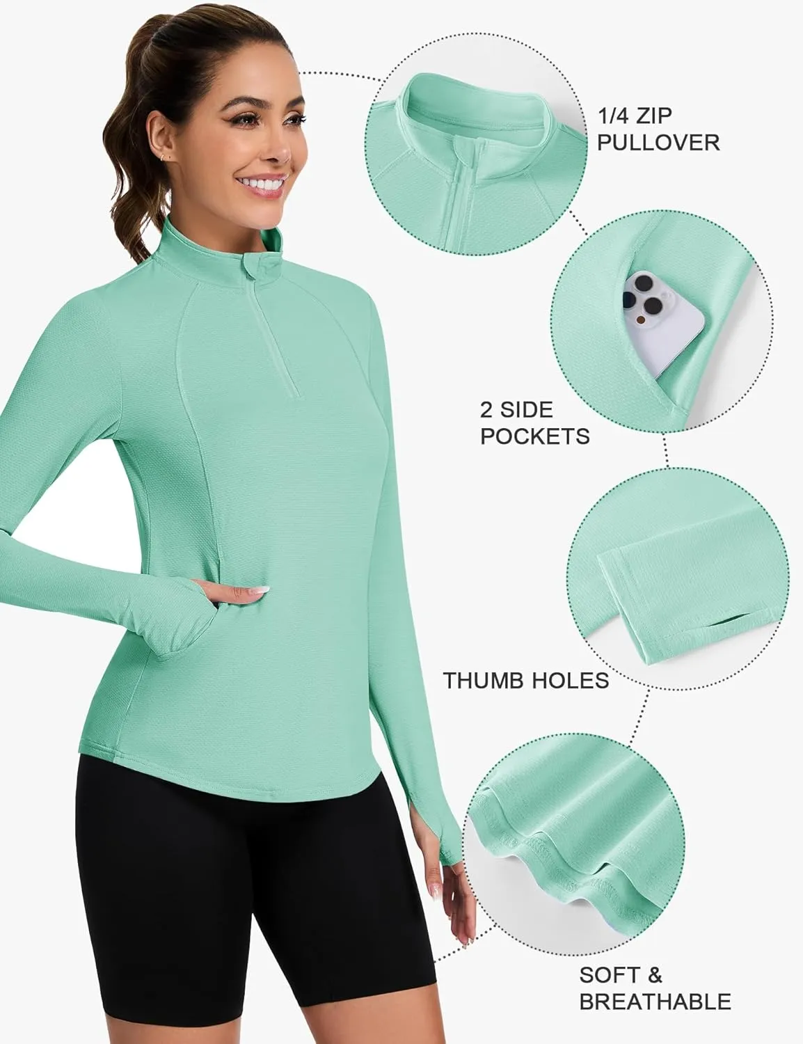 Loovoo Long Sleeve UPF50  Workout Tops Sun Protection 1/4 Zip Summer Quick Dry Hiking Shirts Lightweight Pullover Women