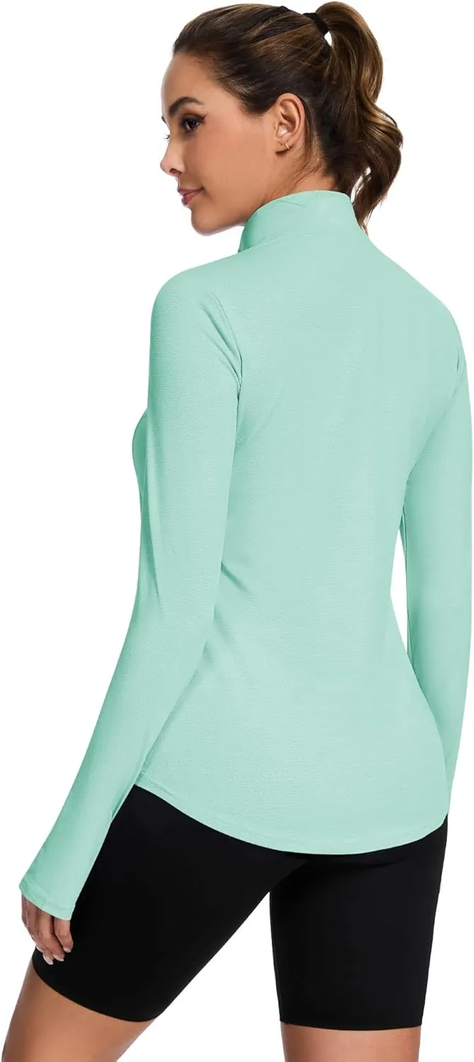 Loovoo Long Sleeve UPF50  Workout Tops Sun Protection 1/4 Zip Summer Quick Dry Hiking Shirts Lightweight Pullover Women