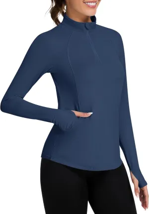Loovoo Long Sleeve UPF50  Workout Tops Sun Protection 1/4 Zip Summer Quick Dry Hiking Shirts Lightweight Pullover Women