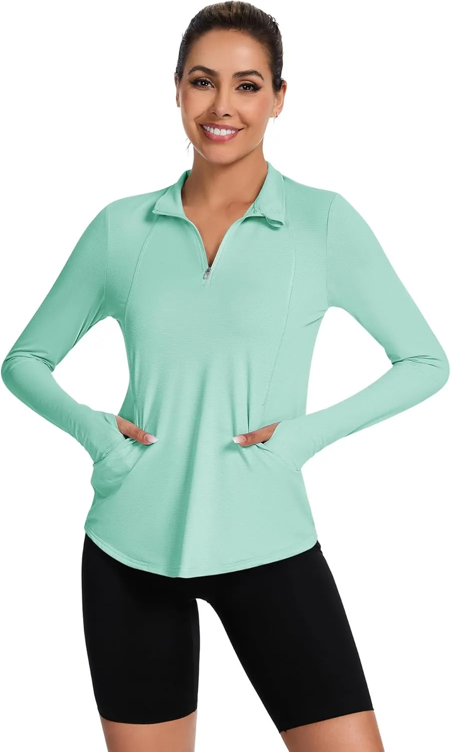 Loovoo Long Sleeve UPF50  Workout Tops Sun Protection 1/4 Zip Summer Quick Dry Hiking Shirts Lightweight Pullover Women