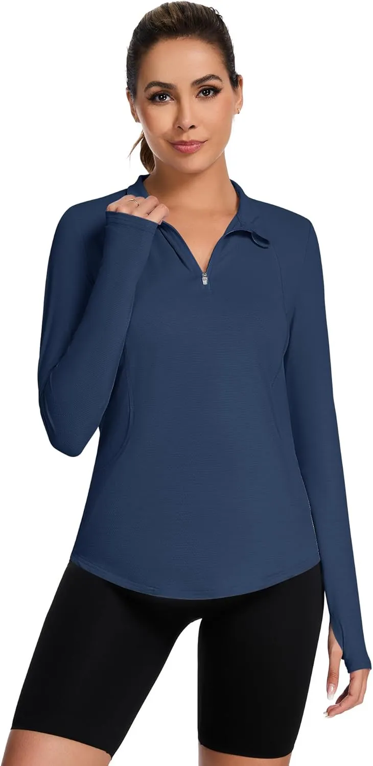 Loovoo Long Sleeve UPF50  Workout Tops Sun Protection 1/4 Zip Summer Quick Dry Hiking Shirts Lightweight Pullover Women