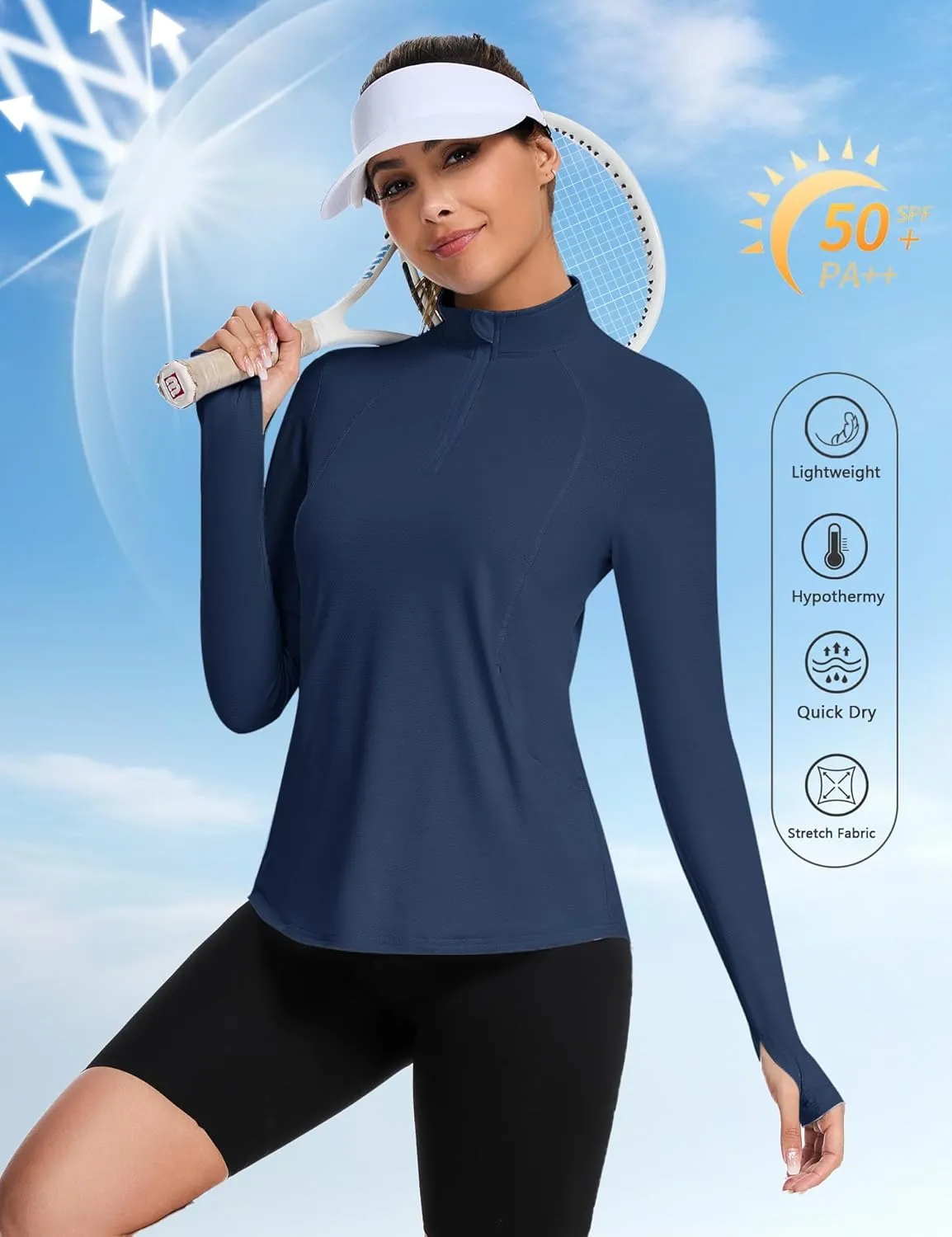 Loovoo Long Sleeve UPF50  Workout Tops Sun Protection 1/4 Zip Summer Quick Dry Hiking Shirts Lightweight Pullover Women