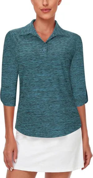 LURANEE Womens Golf Shirt Quick Dry 3/4 Sleeve T Shirts 2-Buttons Polo Workout Tops UPF 50  Shirts S-2XL