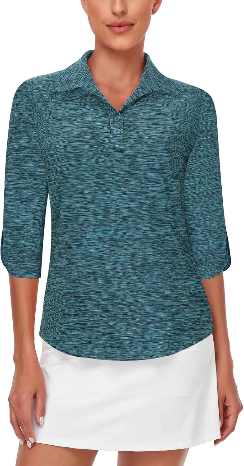LURANEE Womens Golf Shirt Quick Dry 3/4 Sleeve T Shirts 2-Buttons Polo Workout Tops UPF 50  Shirts S-2XL