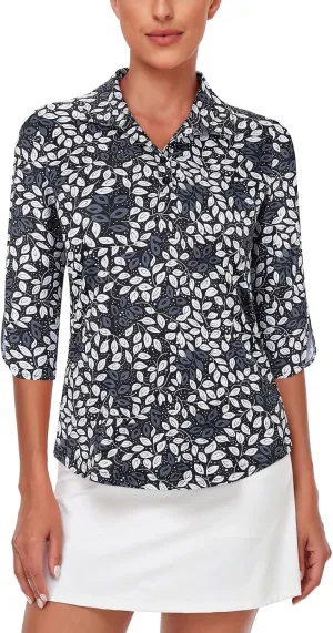 LURANEE Womens Golf Shirt Quick Dry 3/4 Sleeve T Shirts 2-Buttons Polo Workout Tops UPF 50  Shirts S-2XL
