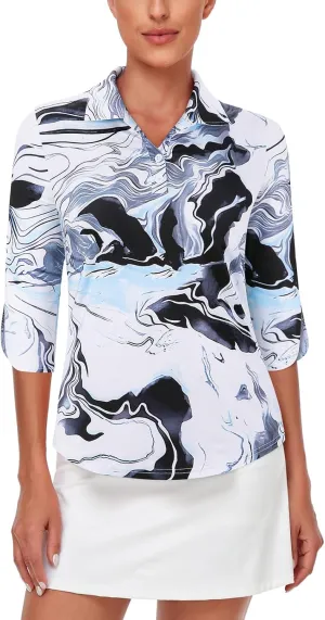 LURANEE Womens Golf Shirt Quick Dry 3/4 Sleeve T Shirts 2-Buttons Polo Workout Tops UPF 50  Shirts S-2XL