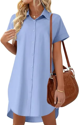 LYANER Women's Shirt Dress Collar Neck Short Sleeve Button Down Blouse Dress