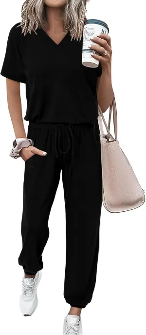 MASCOMODA Womens 2 Piece Outfits Summer Casual V Neck Short Sleeve Tops Long Pants Tracksuit Lounge Jogger Set with Pockets