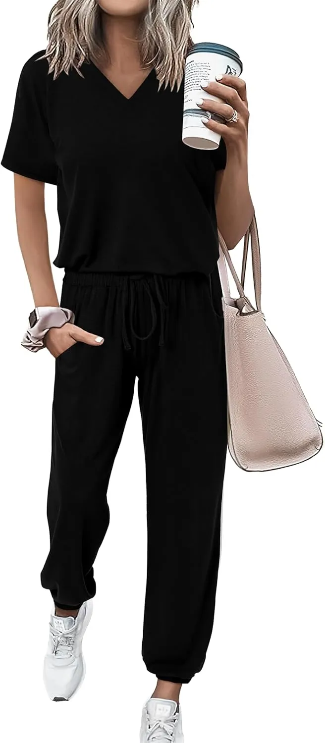 MASCOMODA Womens 2 Piece Outfits Summer Casual V Neck Short Sleeve Tops Long Pants Tracksuit Lounge Jogger Set with Pockets