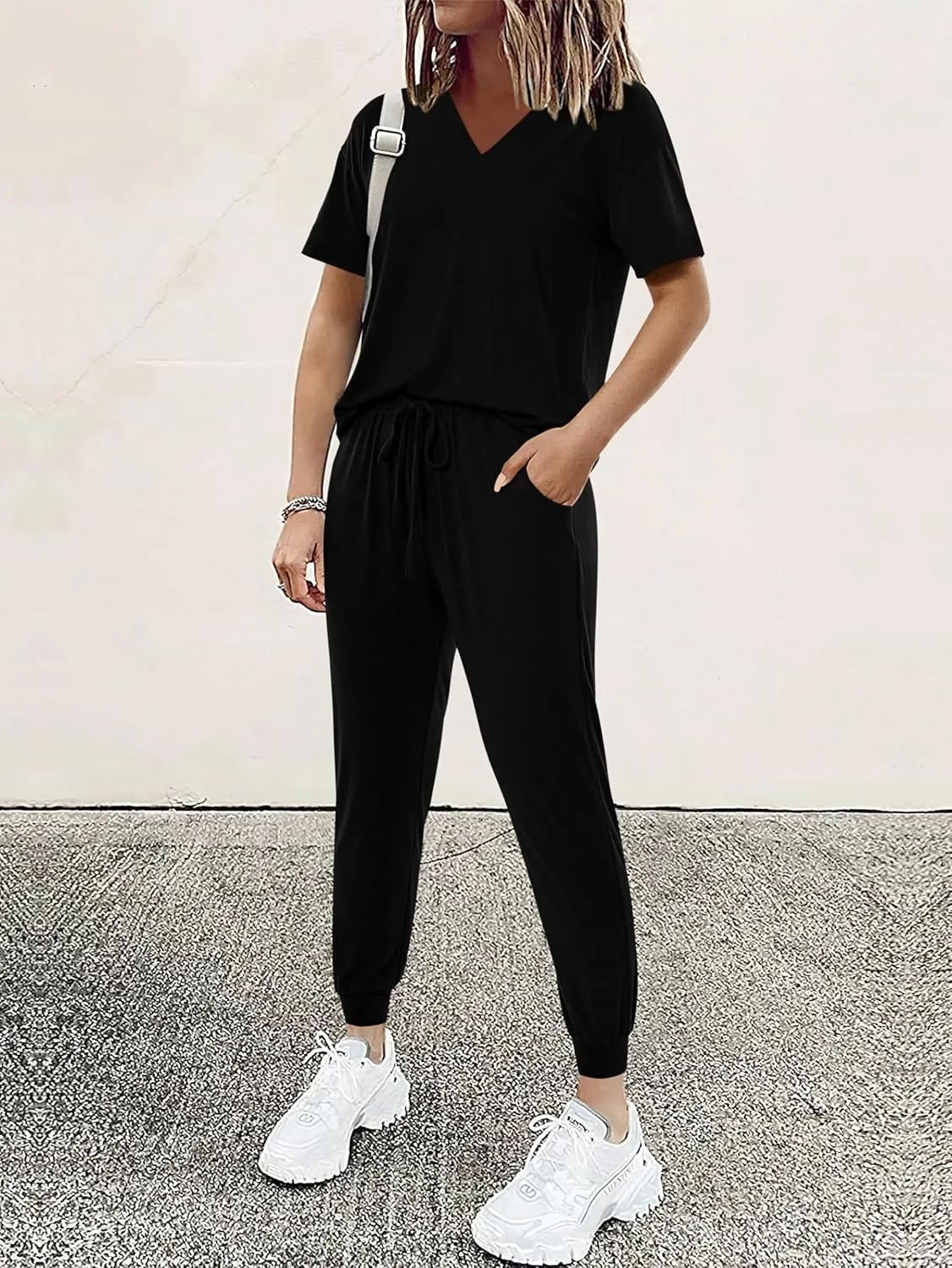 MASCOMODA Womens 2 Piece Outfits Summer Casual V Neck Short Sleeve Tops Long Pants Tracksuit Lounge Jogger Set with Pockets