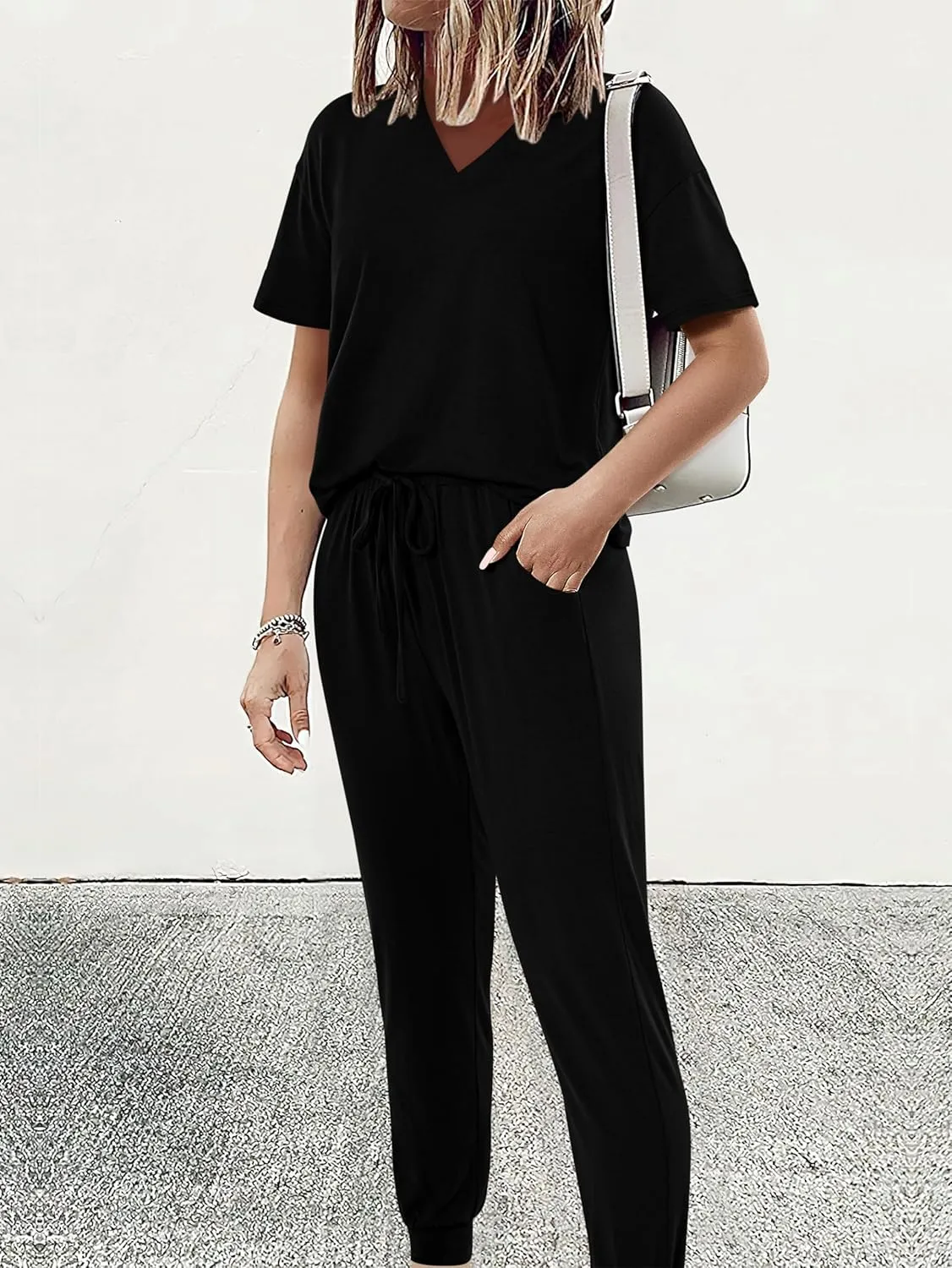 MASCOMODA Womens 2 Piece Outfits Summer Casual V Neck Short Sleeve Tops Long Pants Tracksuit Lounge Jogger Set with Pockets
