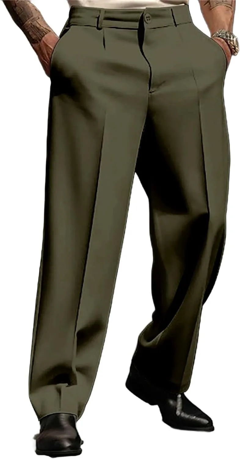 Mens Pleated Front Casual Work Pants Wrinkle-Free Regular Fit Work Dress Pants Big and Tall Stretch Chinos Trousers