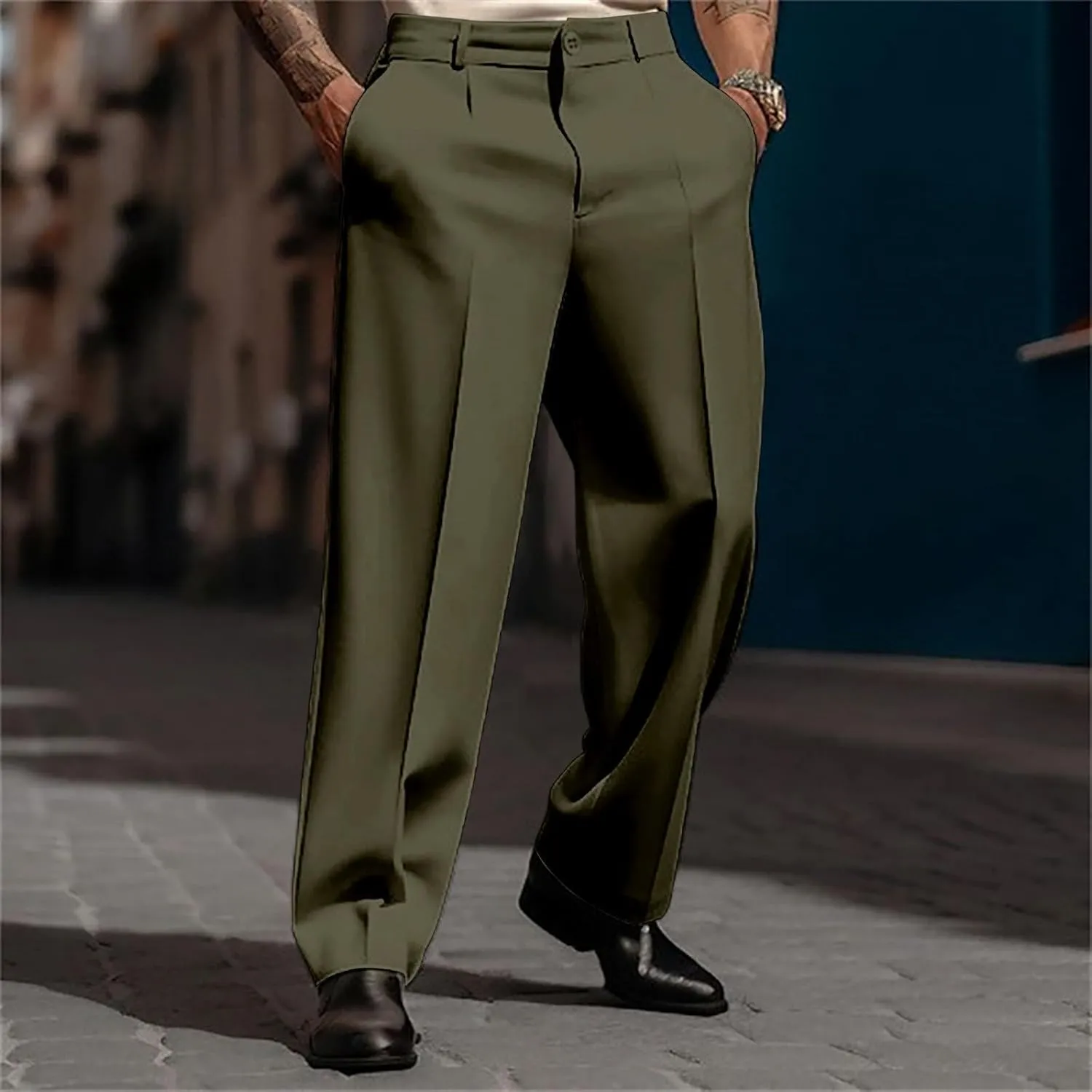Mens Pleated Front Casual Work Pants Wrinkle-Free Regular Fit Work Dress Pants Big and Tall Stretch Chinos Trousers