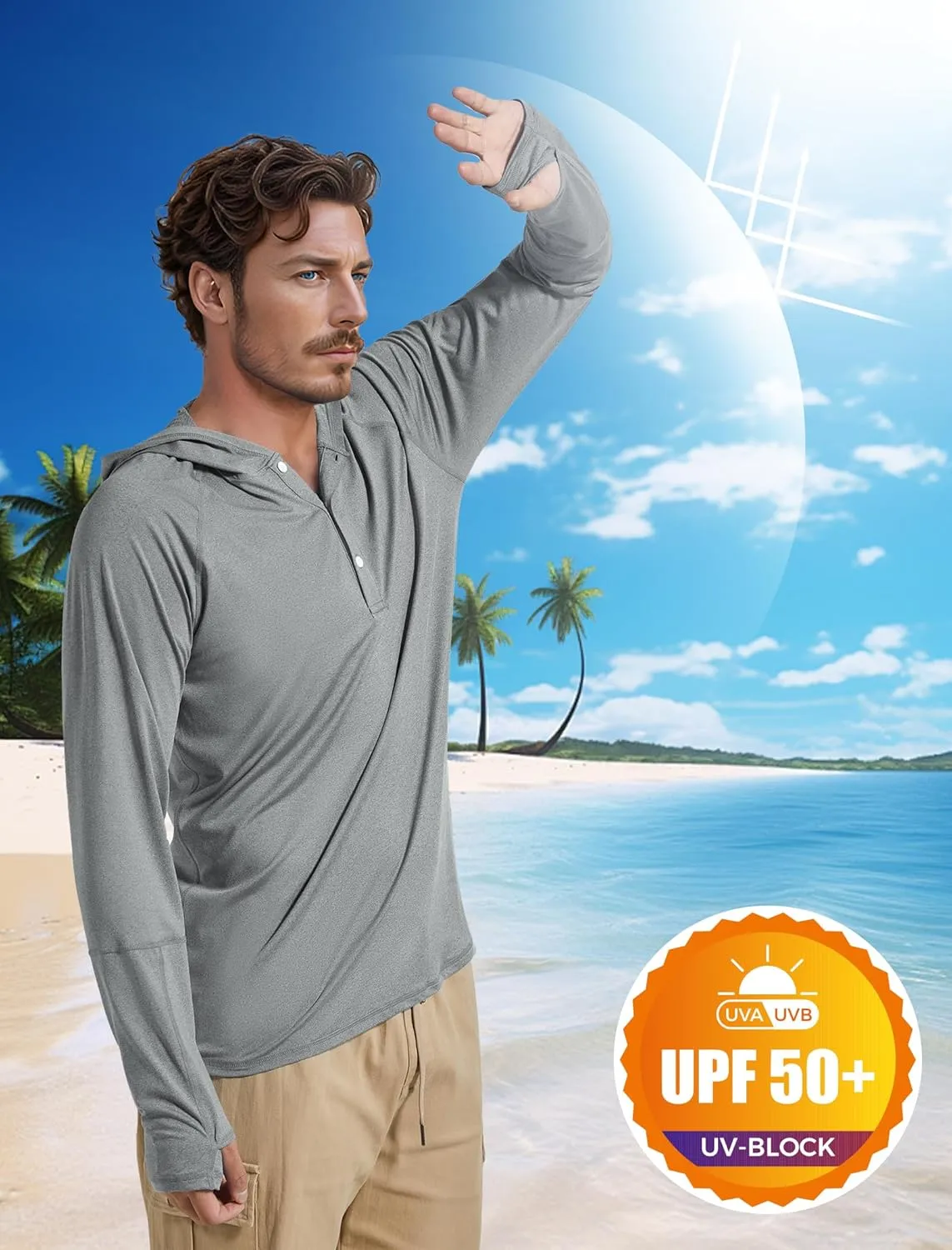 Men's UPF 50  Sun Protection Hoodie Fishing Shirts Long Sleeve Rash Guard SPF UV Shirt with Thumbhole