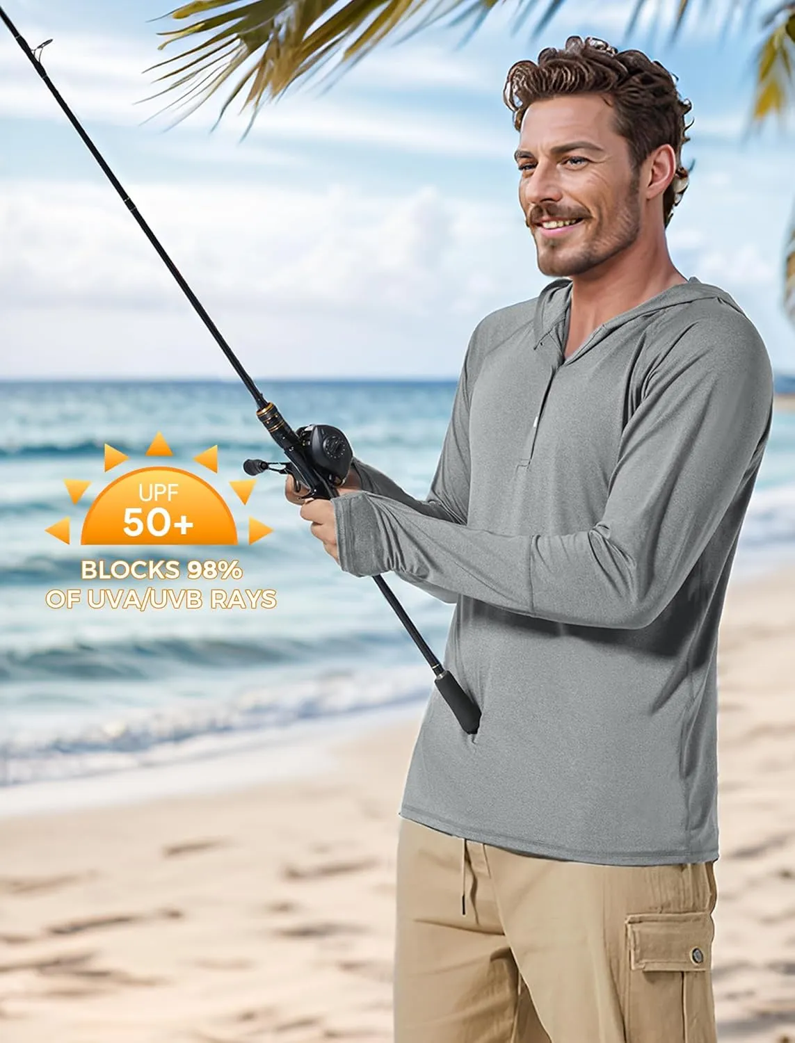 Men's UPF 50  Sun Protection Hoodie Fishing Shirts Long Sleeve Rash Guard SPF UV Shirt with Thumbhole