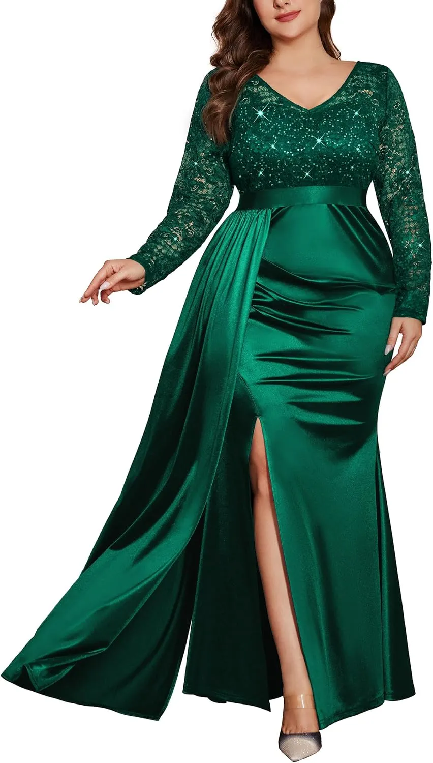 MISSMAY Women's Plus Size Sequins Lace V Neck Long Ruched Satin Slit Mermaid Hem Formal Party Long Dress
