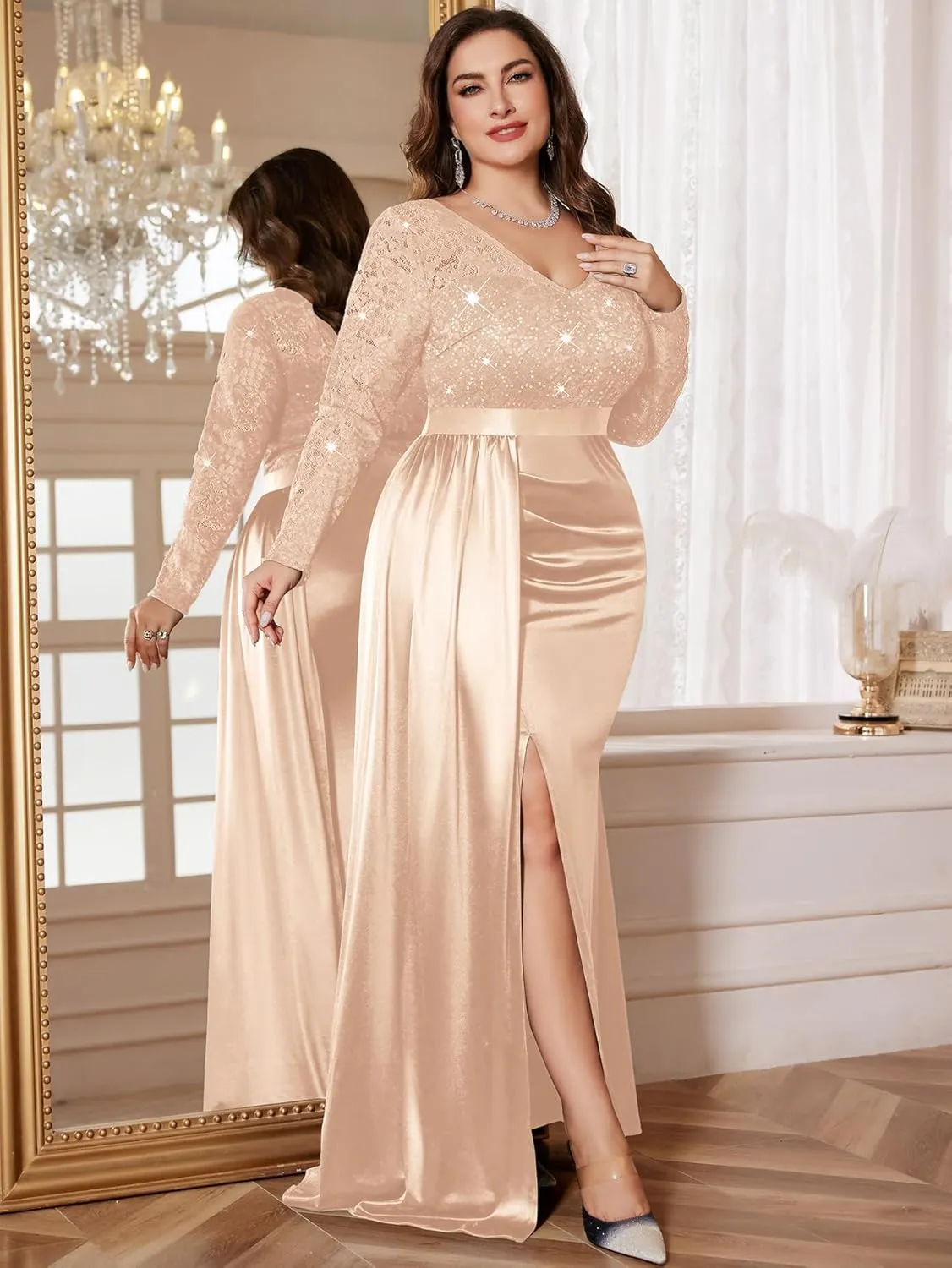 MISSMAY Women's Plus Size Sequins Lace V Neck Long Ruched Satin Slit Mermaid Hem Formal Party Long Dress