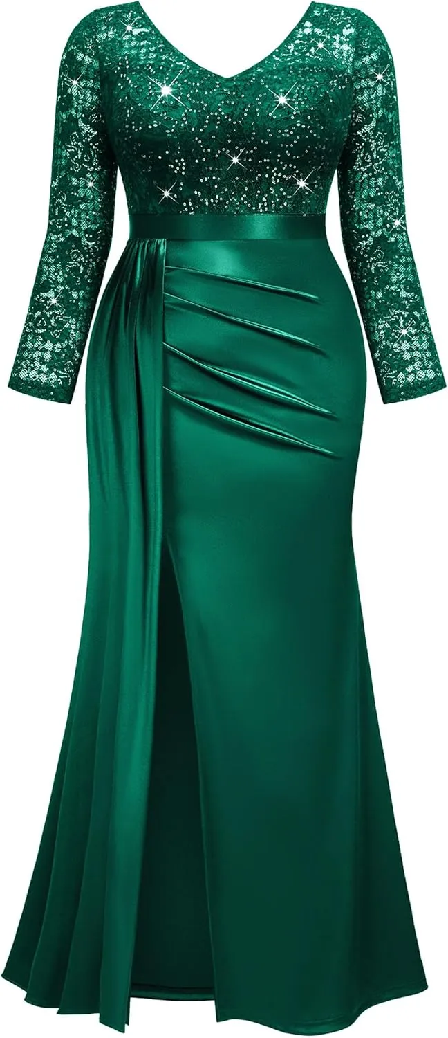 MISSMAY Women's Plus Size Sequins Lace V Neck Long Ruched Satin Slit Mermaid Hem Formal Party Long Dress