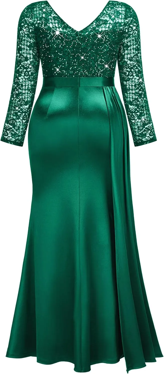 MISSMAY Women's Plus Size Sequins Lace V Neck Long Ruched Satin Slit Mermaid Hem Formal Party Long Dress
