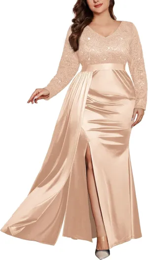 MISSMAY Women's Plus Size Sequins Lace V Neck Long Ruched Satin Slit Mermaid Hem Formal Party Long Dress