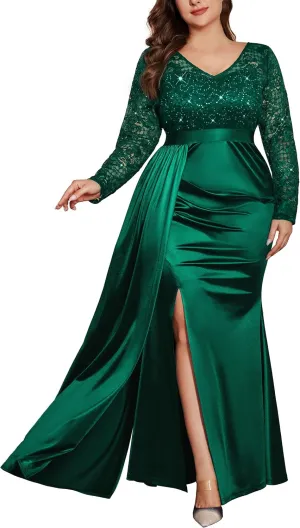 MISSMAY Women's Plus Size Sequins Lace V Neck Long Ruched Satin Slit Mermaid Hem Formal Party Long Dress