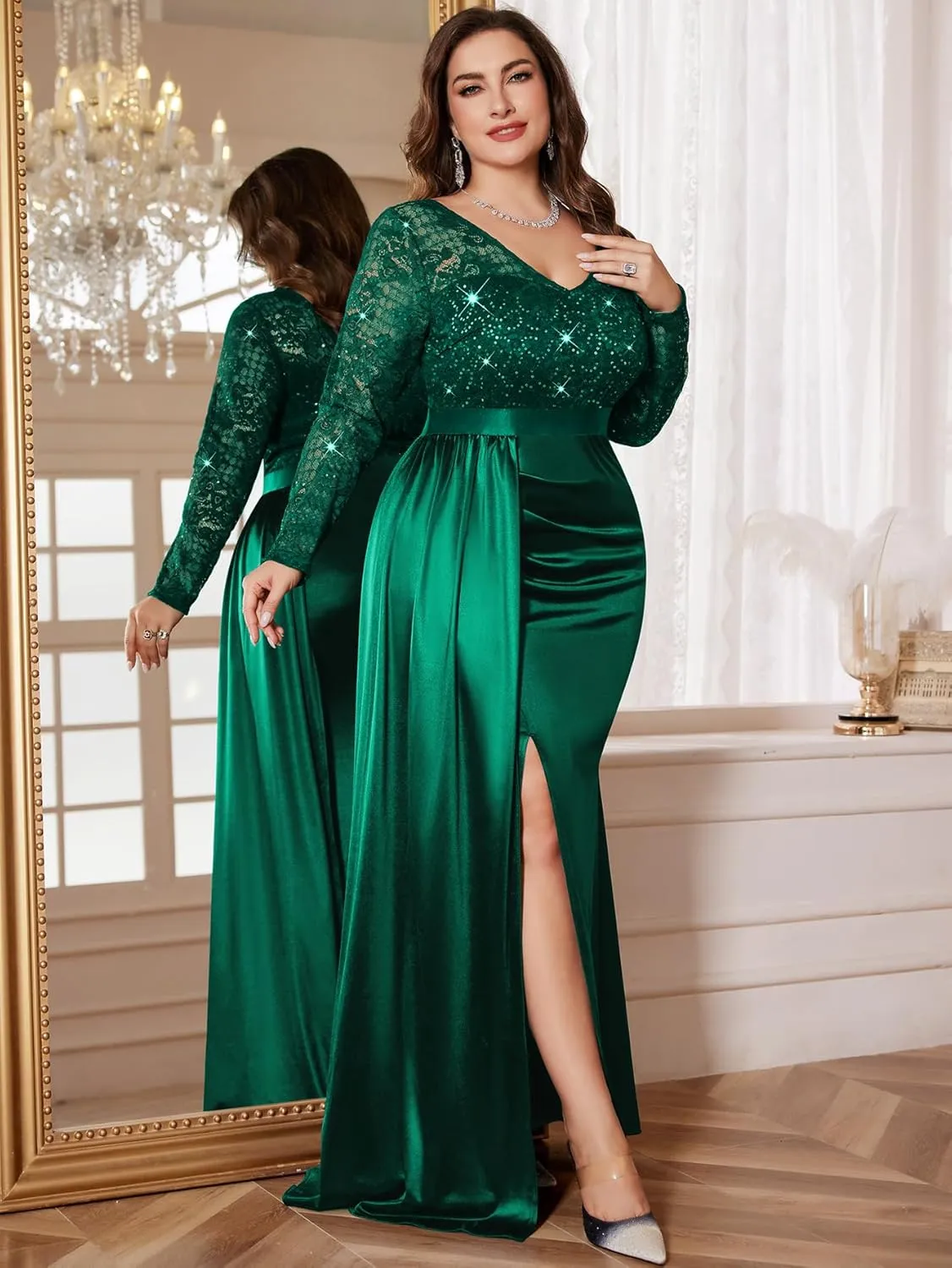 MISSMAY Women's Plus Size Sequins Lace V Neck Long Ruched Satin Slit Mermaid Hem Formal Party Long Dress