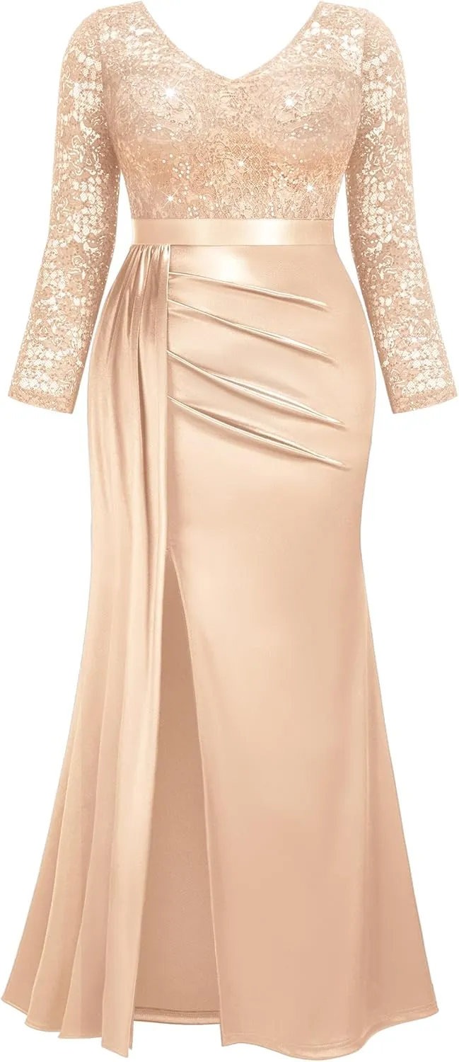 MISSMAY Women's Plus Size Sequins Lace V Neck Long Ruched Satin Slit Mermaid Hem Formal Party Long Dress