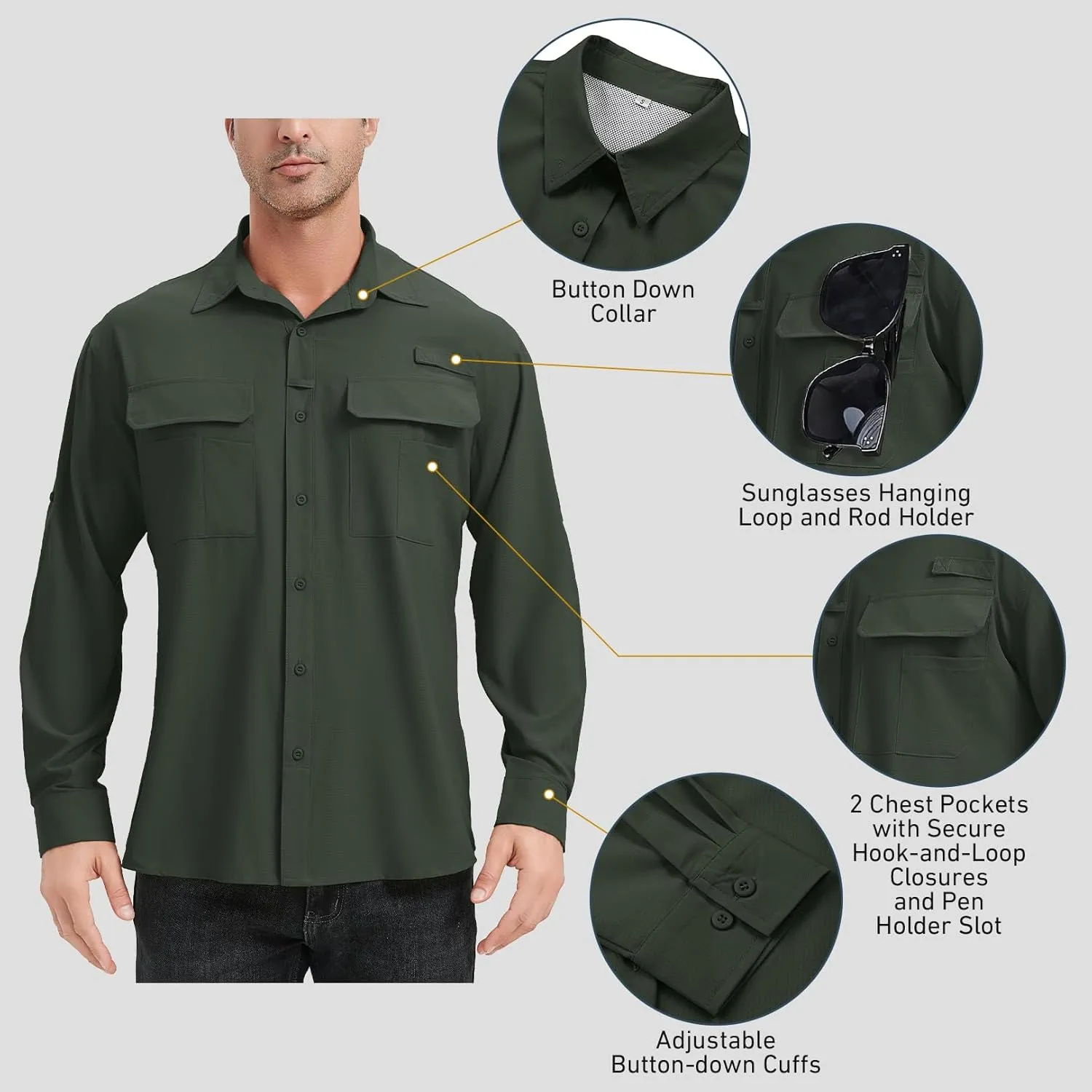 mixtiq Mens Safari Sun UV Protection Shirts Loog Sleeve UPF 50  Quick Dry Lightweight Cooling Hiking Fishing Camping Shirts