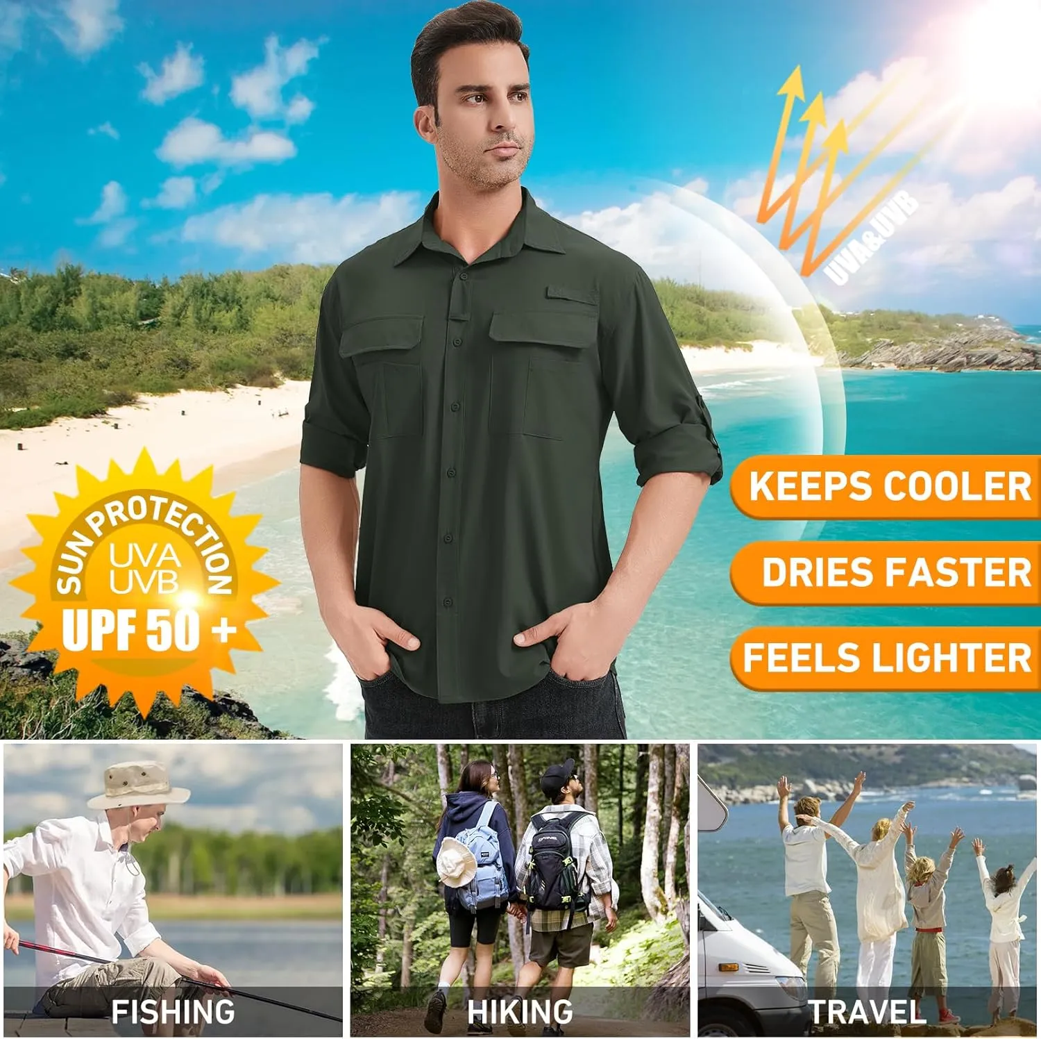 mixtiq Mens Safari Sun UV Protection Shirts Loog Sleeve UPF 50  Quick Dry Lightweight Cooling Hiking Fishing Camping Shirts