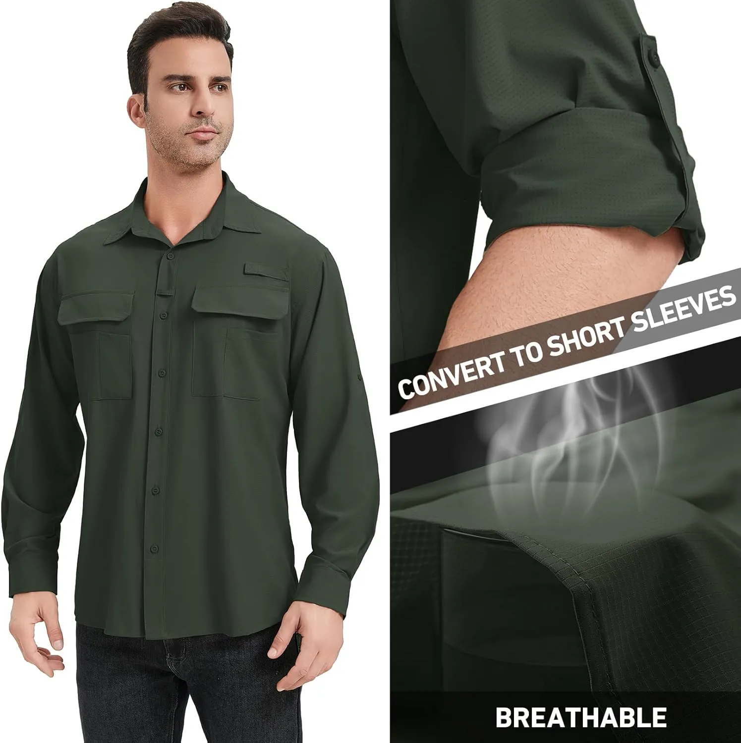 mixtiq Mens Safari Sun UV Protection Shirts Loog Sleeve UPF 50  Quick Dry Lightweight Cooling Hiking Fishing Camping Shirts