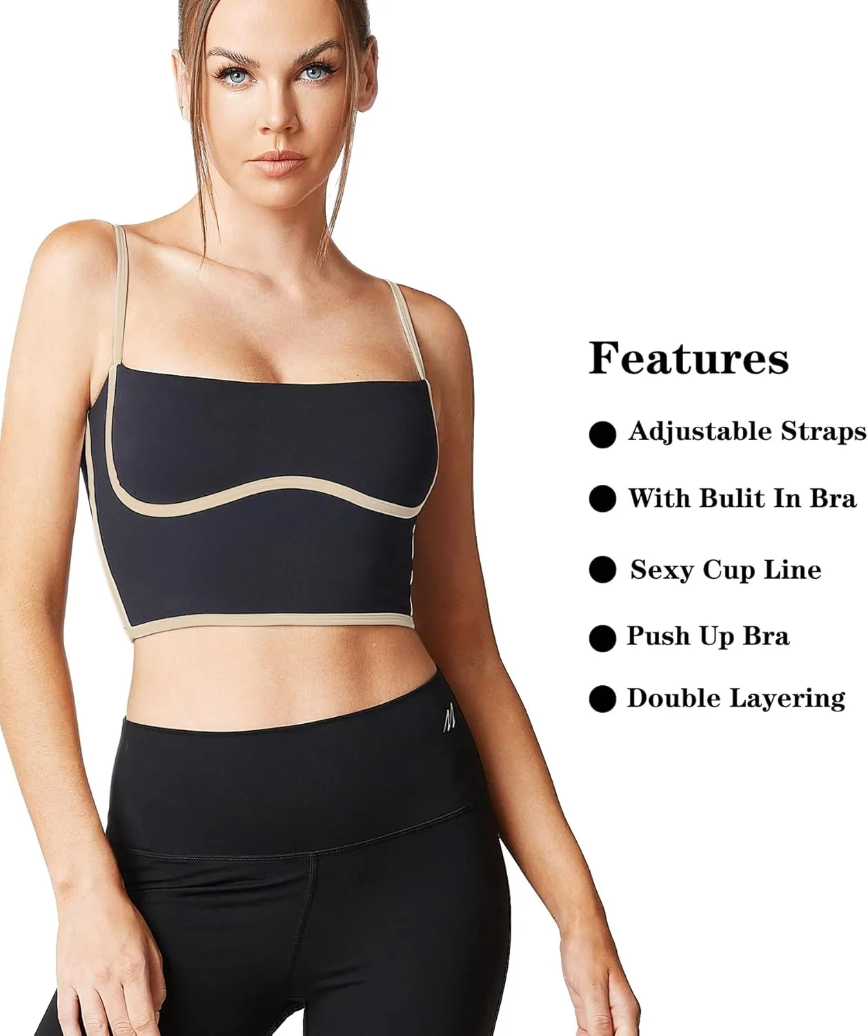 Move With You Sleeveless Spaghetti Strap Padded Sports Bra Tank Tops Square Neck Double Layer Workout Fitness Basic Crop Tops