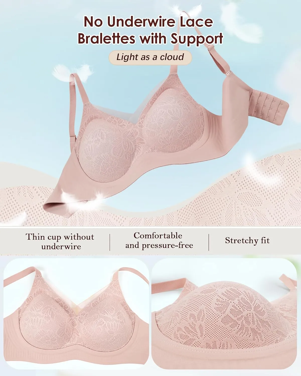 No Underwire Sheer Mesh V-Neck Bra Lace Soft Support Comfort Bra for Women Everyday T-Shirt Bralette