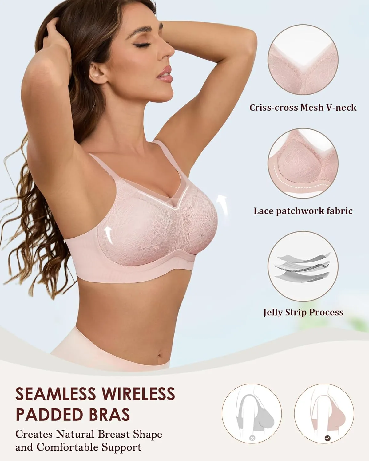 No Underwire Sheer Mesh V-Neck Bra Lace Soft Support Comfort Bra for Women Everyday T-Shirt Bralette