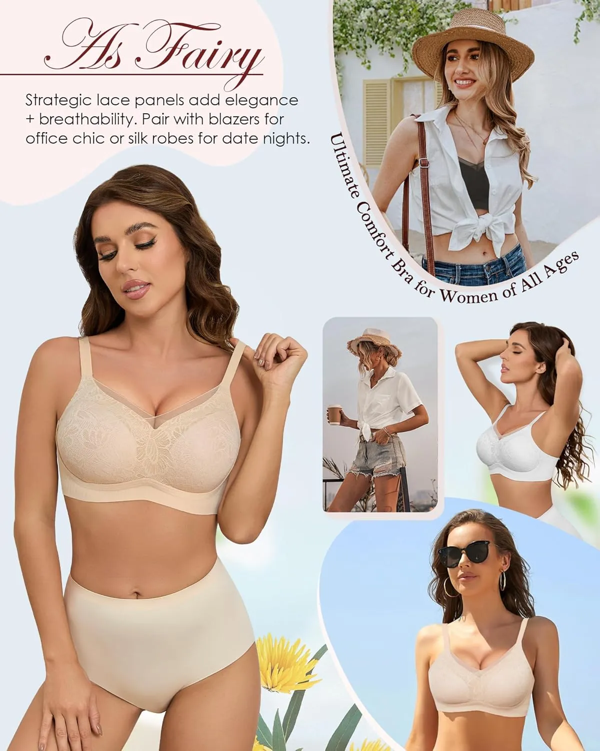 No Underwire Sheer Mesh V-Neck Bra Lace Soft Support Comfort Bra for Women Everyday T-Shirt Bralette