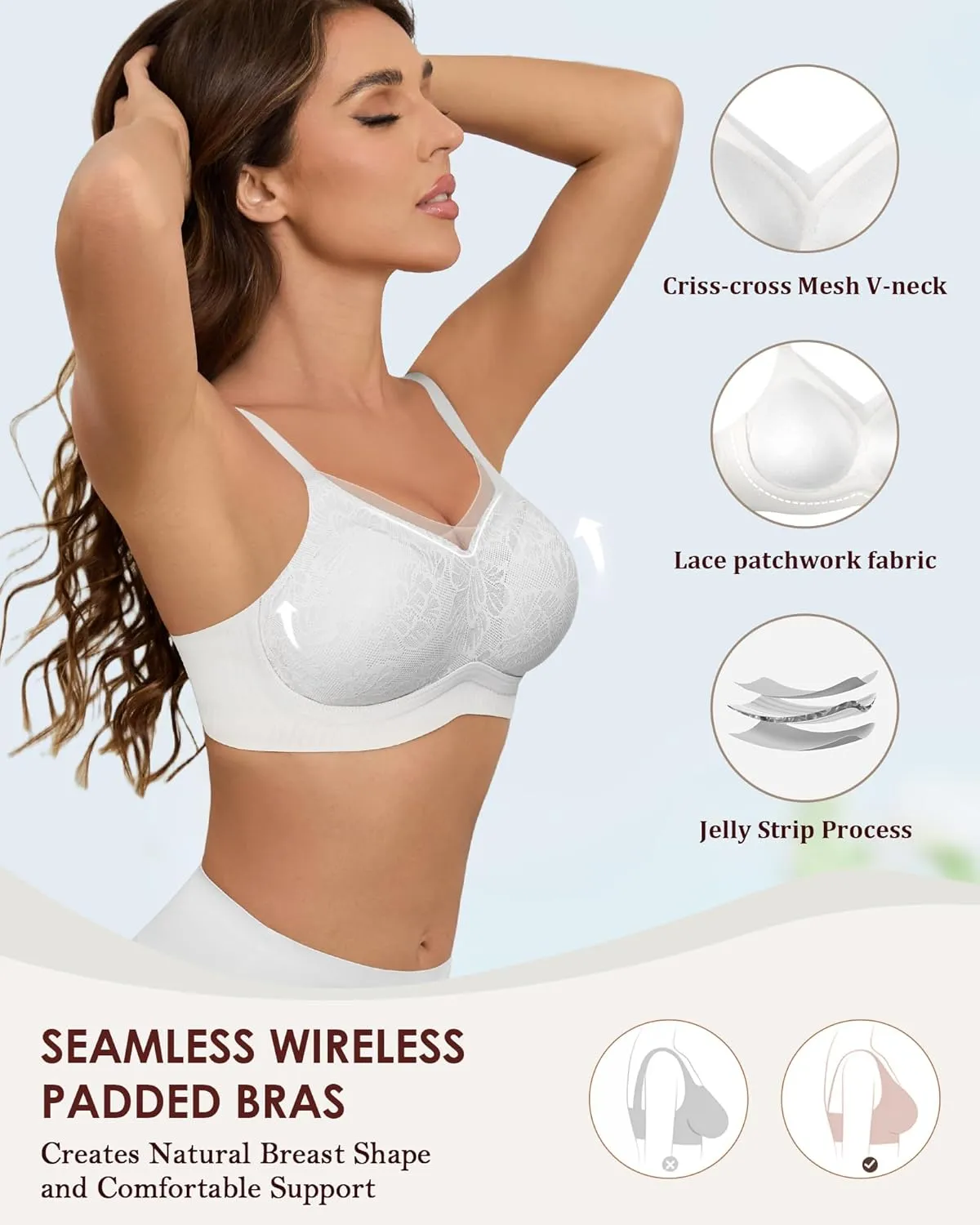 No Underwire Sheer Mesh V-Neck Bra Lace Soft Support Comfort Bra for Women Everyday T-Shirt Bralette