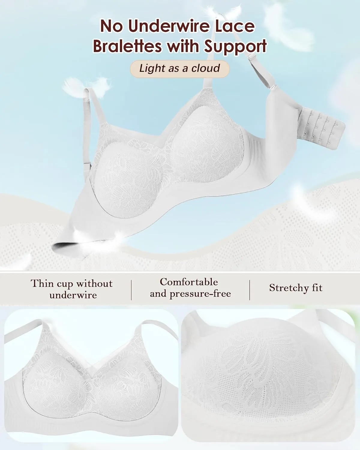 No Underwire Sheer Mesh V-Neck Bra Lace Soft Support Comfort Bra for Women Everyday T-Shirt Bralette
