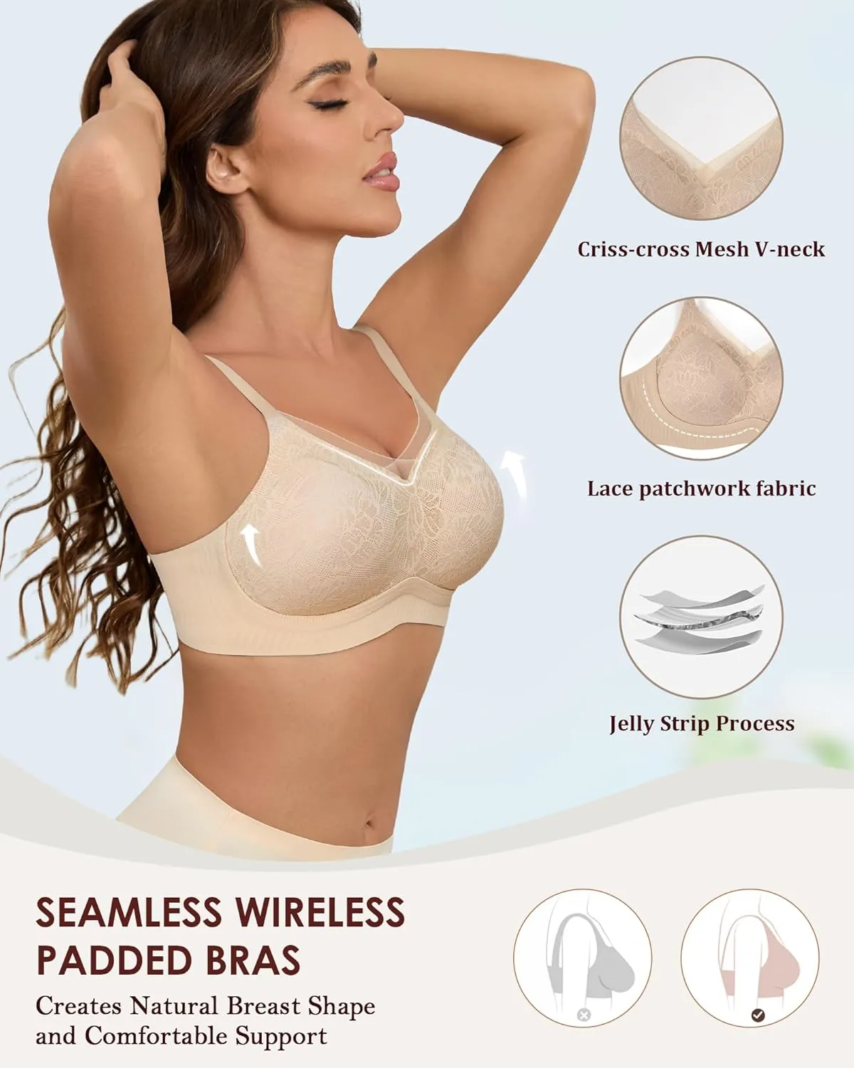No Underwire Sheer Mesh V-Neck Bra Lace Soft Support Comfort Bra for Women Everyday T-Shirt Bralette