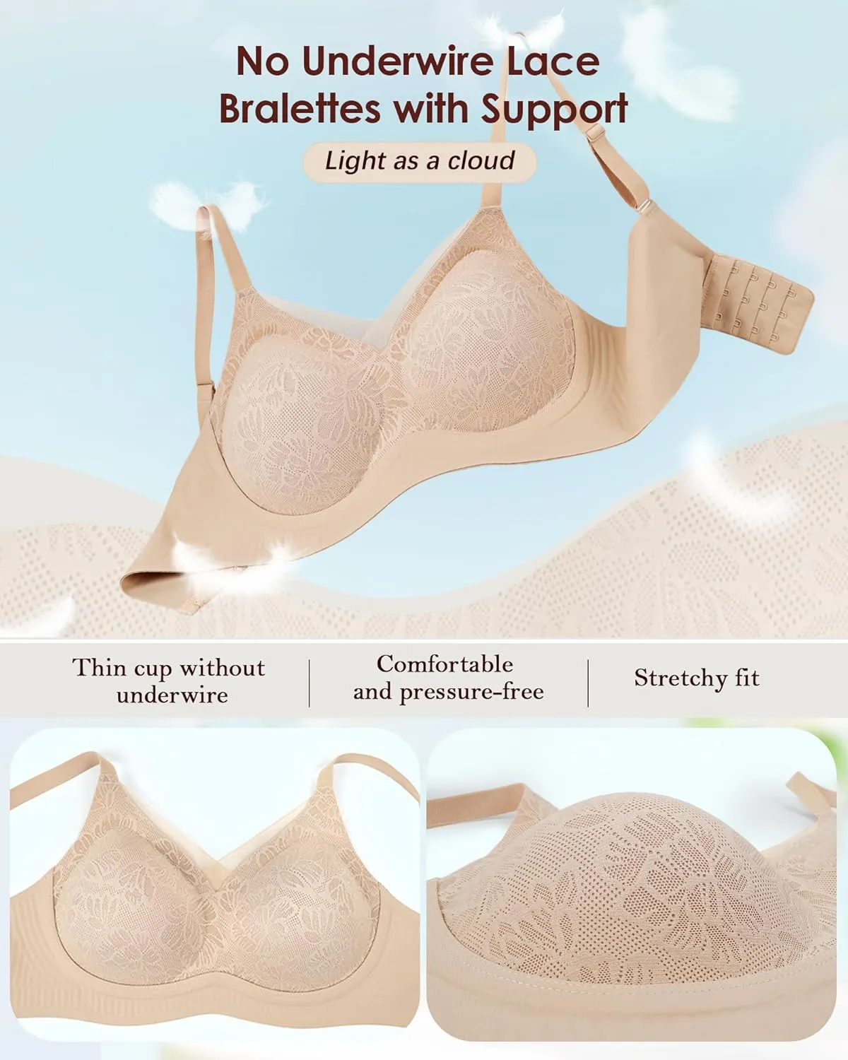 No Underwire Sheer Mesh V-Neck Bra Lace Soft Support Comfort Bra for Women Everyday T-Shirt Bralette