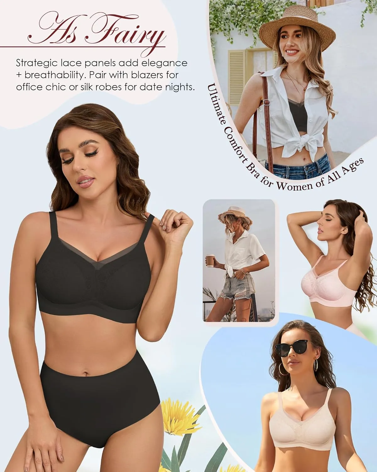 No Underwire Sheer Mesh V-Neck Bra Lace Soft Support Comfort Bra for Women Everyday T-Shirt Bralette
