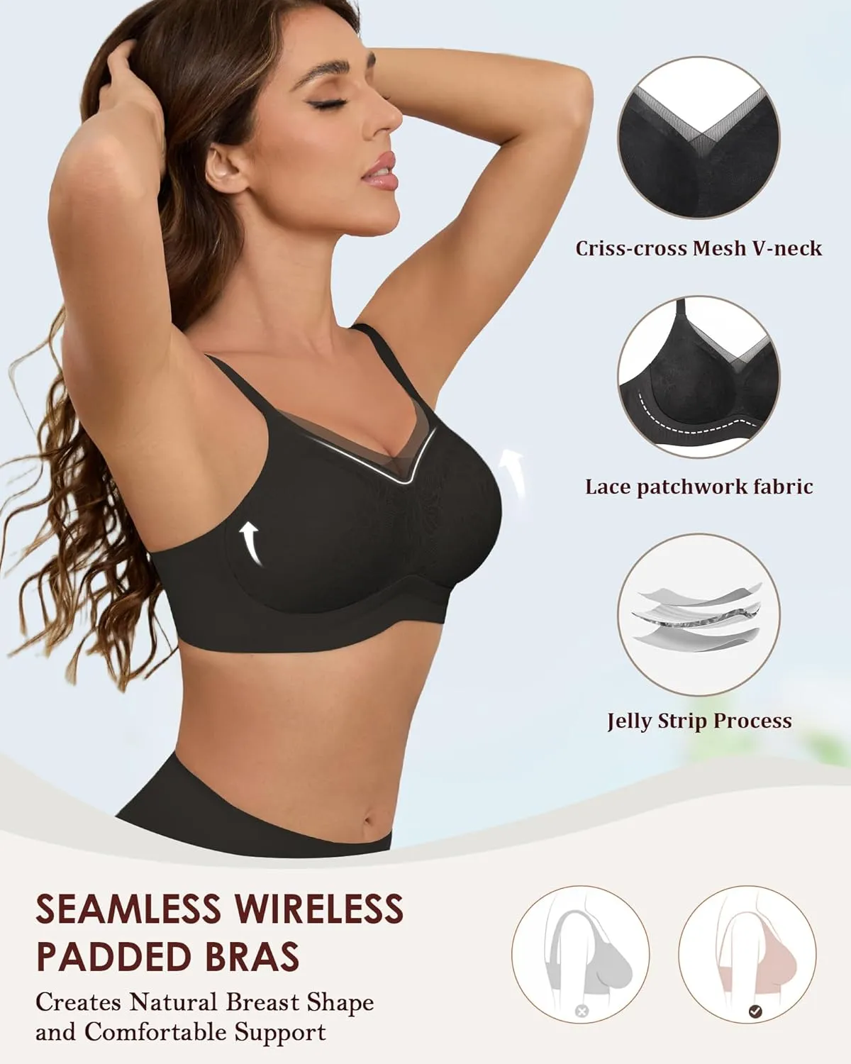No Underwire Sheer Mesh V-Neck Bra Lace Soft Support Comfort Bra for Women Everyday T-Shirt Bralette