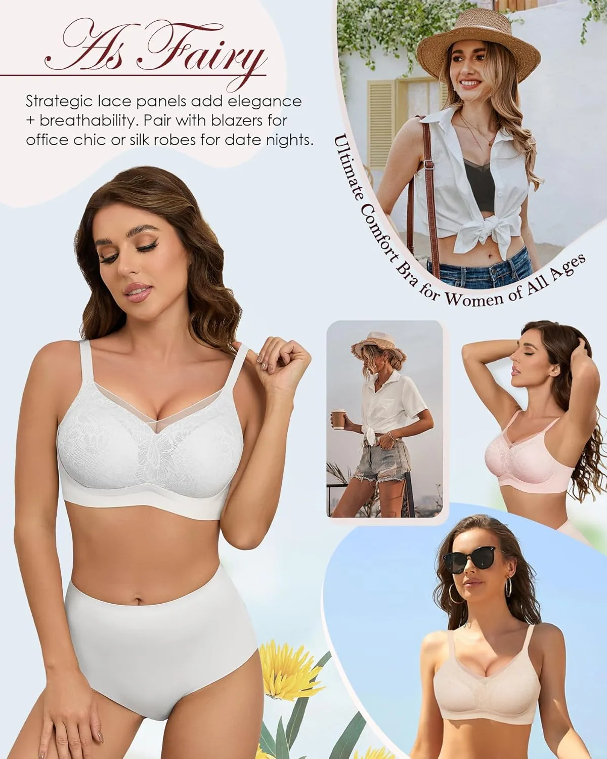 No Underwire Sheer Mesh V-Neck Bra Lace Soft Support Comfort Bra for Women Everyday T-Shirt Bralette