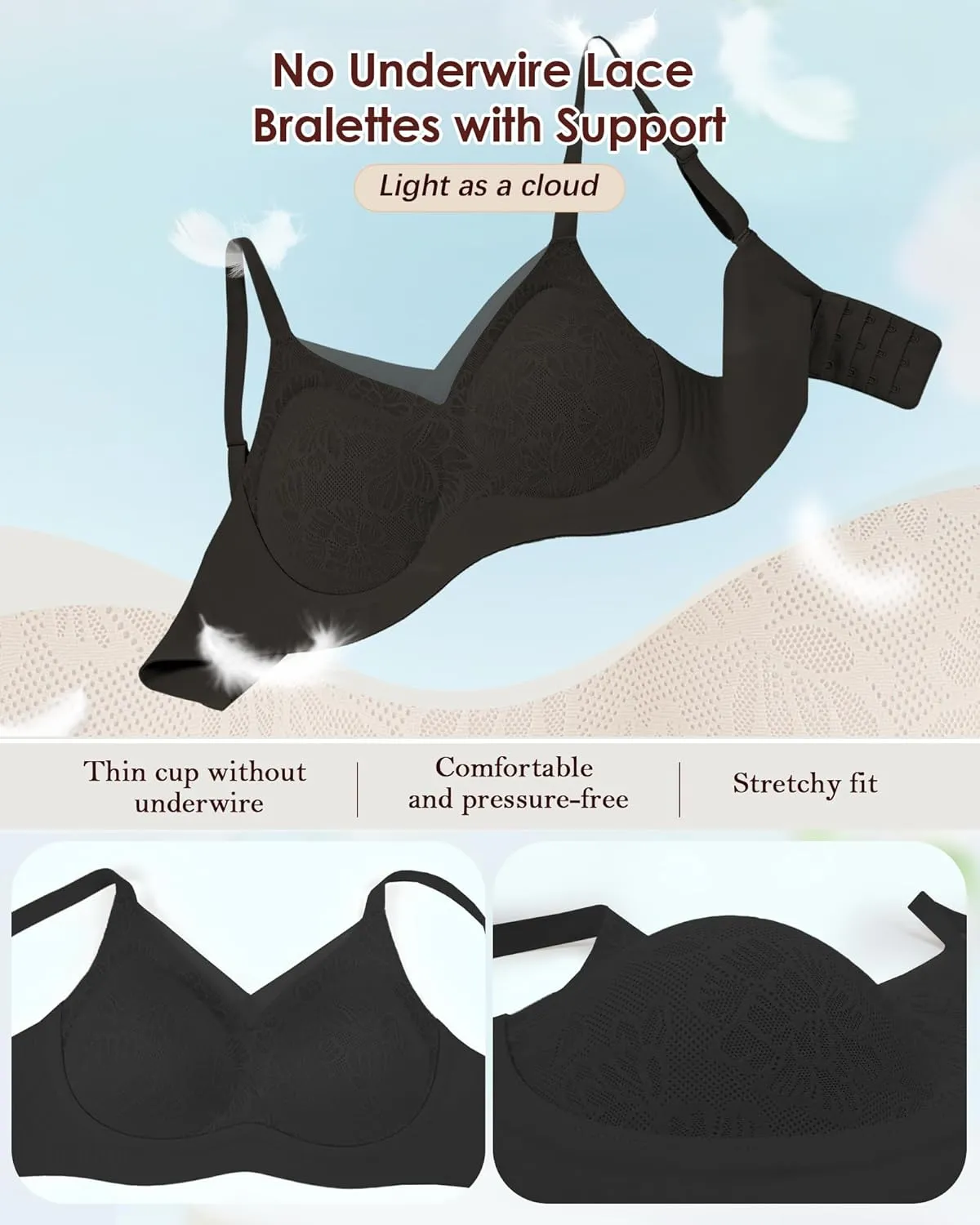 No Underwire Sheer Mesh V-Neck Bra Lace Soft Support Comfort Bra for Women Everyday T-Shirt Bralette