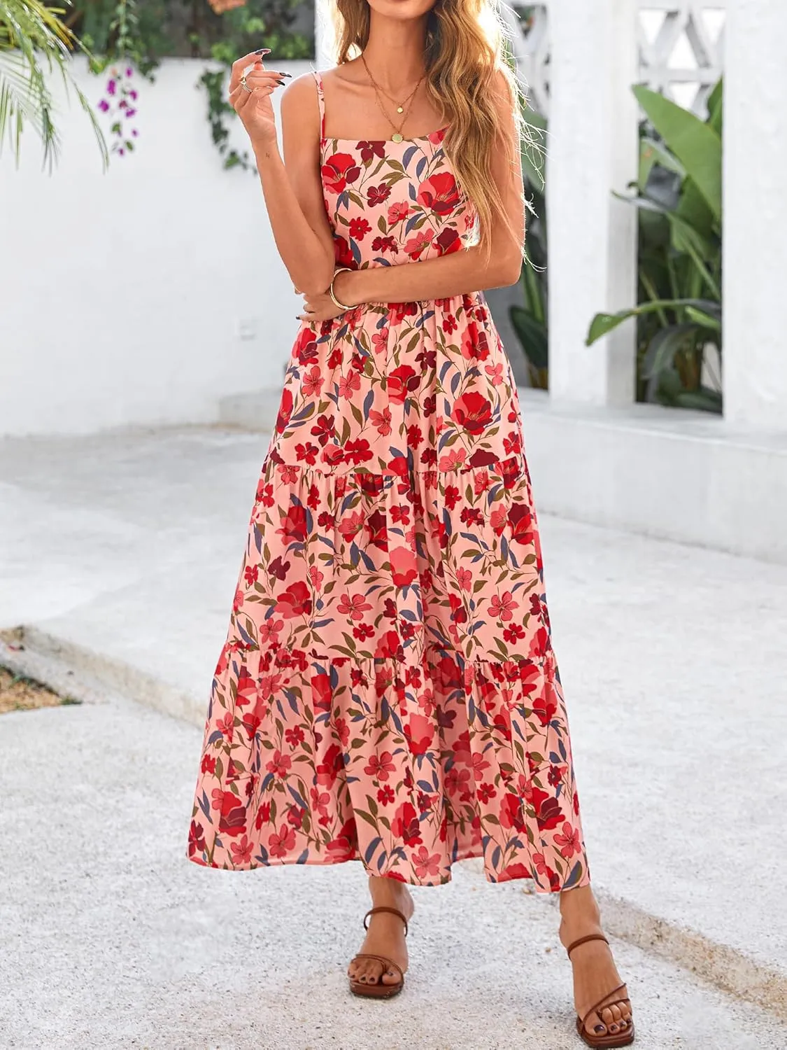 NOLLSOM Women's Summer Dress 2025 Casual Floral Boho Maxi Dresses Sleeveless Spaghetti Strap Long Beach Sun Dresses