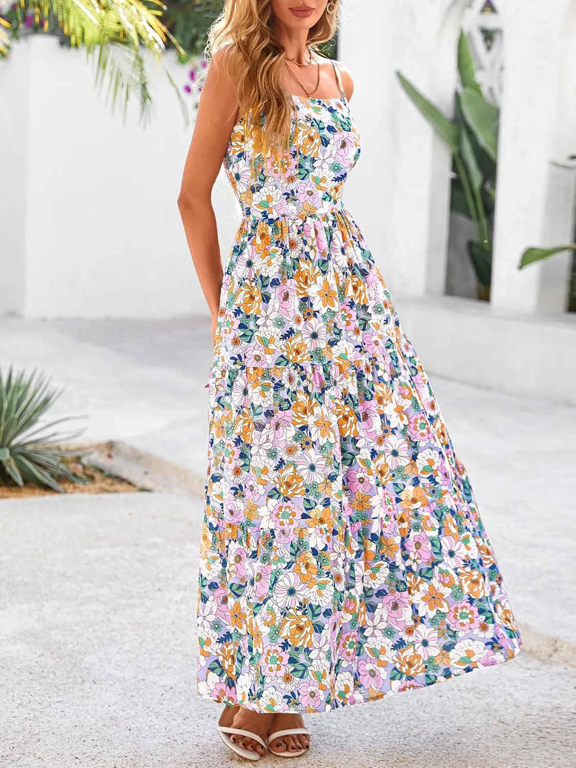 NOLLSOM Women's Summer Dress 2025 Casual Floral Boho Maxi Dresses Sleeveless Spaghetti Strap Long Beach Sun Dresses